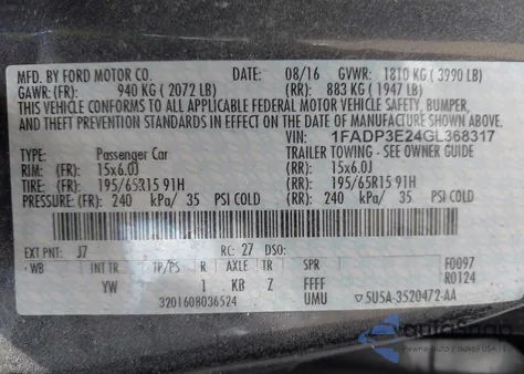 2016 Ford Focus S z USA, uszkodzony, nr VIN 1FADP3E24GL368317